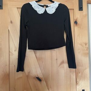 ROMWE Black Long Sleeve Top with Lace Collar